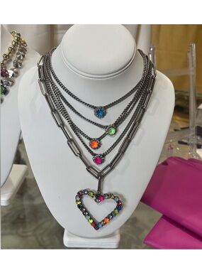 Tova Multicolor Heart Crystal on a Silver link Chain Necklace.